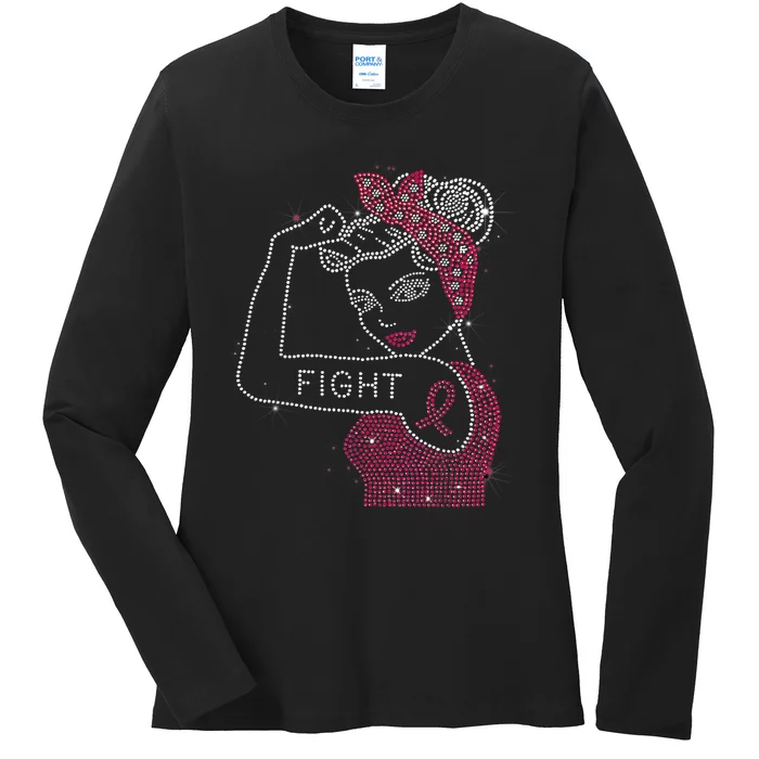 Fight Rosie The Riveter Rhinestone Breast Cancer Awareness Ladies Long Sleeve Shirt