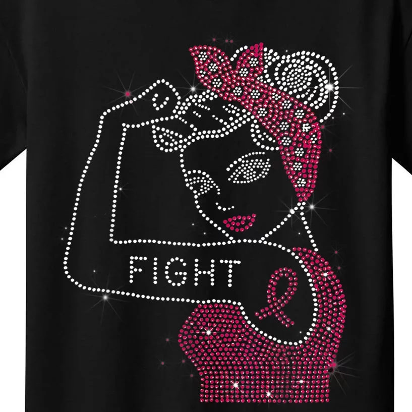 Fight Rosie The Riveter Rhinestone Breast Cancer Awareness Kids T-Shirt