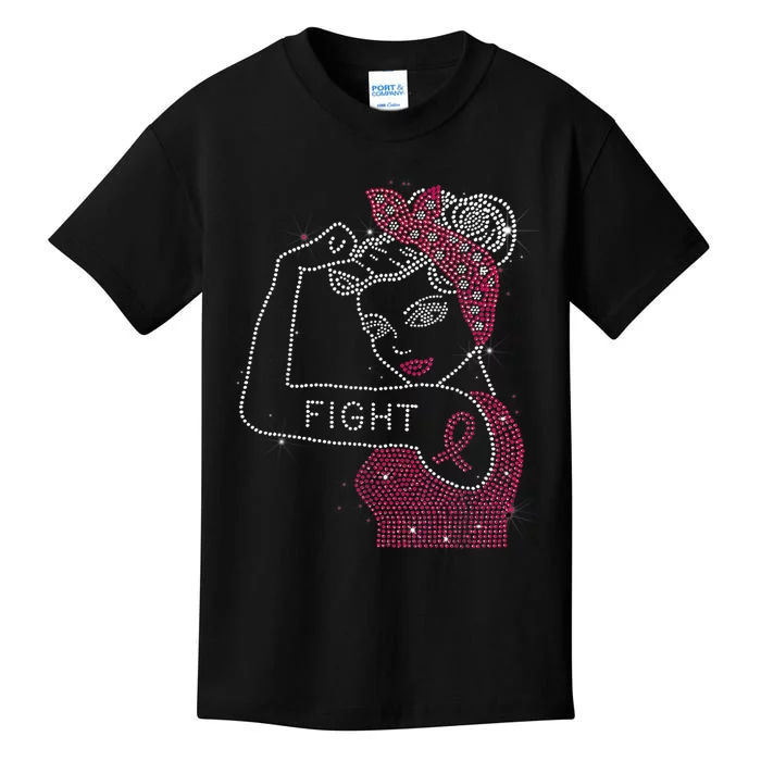 Fight Rosie The Riveter Rhinestone Breast Cancer Awareness Kids T-Shirt