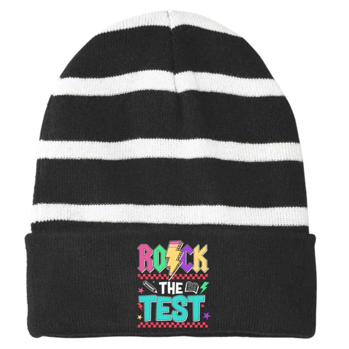 Funny Rock The Test Testing Day Teacher Student Motivational Striped Beanie with Solid Band