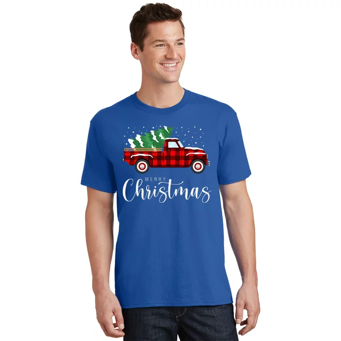 Festive Red Truck Buffalo Plaid Christmas Decor T-Shirt