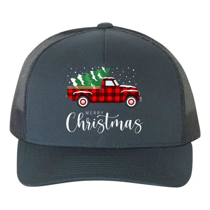 Festive Red Truck Buffalo Plaid Christmas Decor Yupoong Adult 5-Panel Trucker Hat