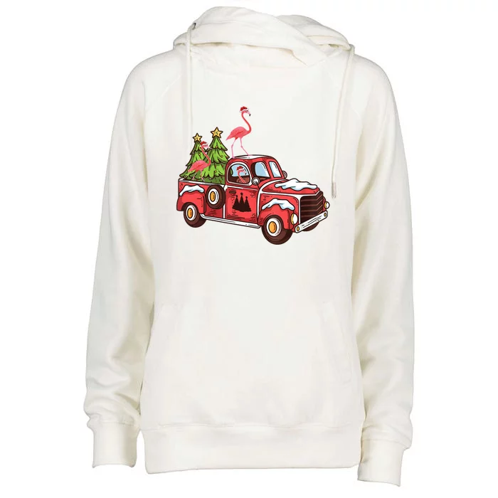 Flamingo Riding Truck Christmas Tree Merry Flocking Gift Womens Funnel Neck Pullover Hood