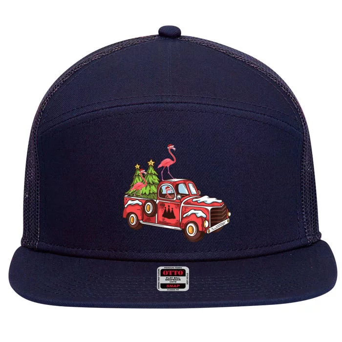 Flamingo Riding Truck Christmas Tree Merry Flocking Gift 7 Panel Mesh Trucker Snapback Hat