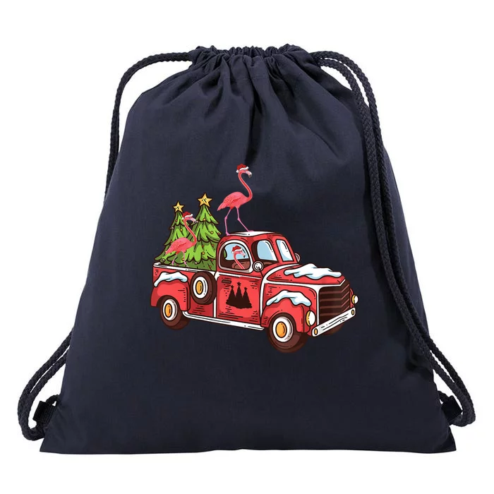 Flamingo Riding Truck Christmas Tree Merry Flocking Gift Drawstring Bag