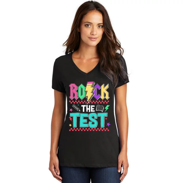 Funny Rock The Test Testing Day Teacher Student Motivational Women's V-Neck T-Shirt