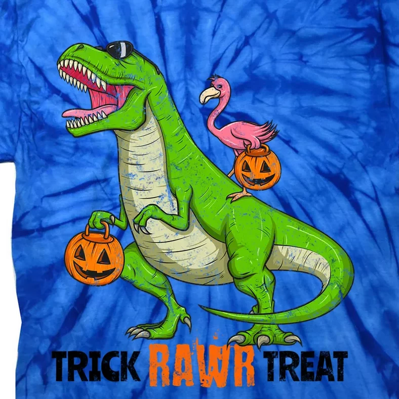 Flamingo Riding T Rex Dinosaur Halloween Trick Rawr Treat Gift Tie-Dye T-Shirt