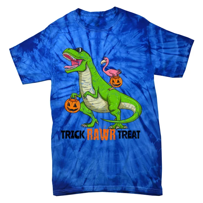 Flamingo Riding T Rex Dinosaur Halloween Trick Rawr Treat Gift Tie-Dye T-Shirt