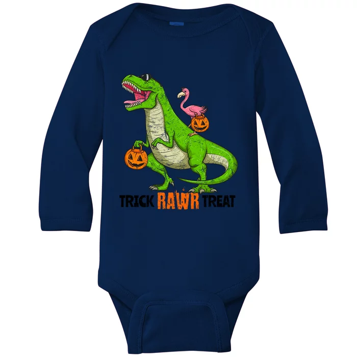 Flamingo Riding T Rex Dinosaur Halloween Trick Rawr Treat Gift Baby Long Sleeve Bodysuit