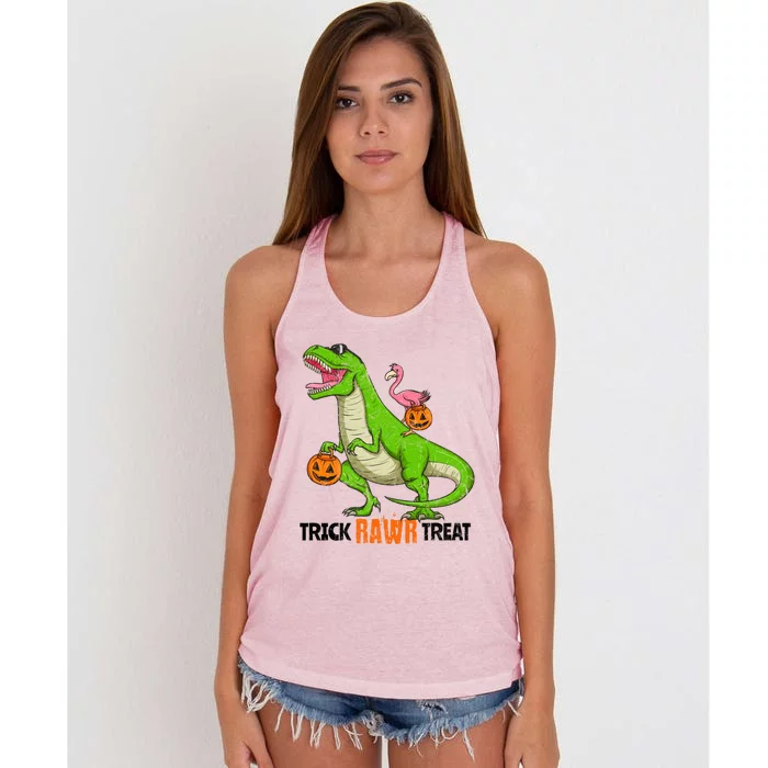 Flamingo Riding T Rex Dinosaur Halloween Trick Rawr Treat Gift Women's Knotted Racerback Tank