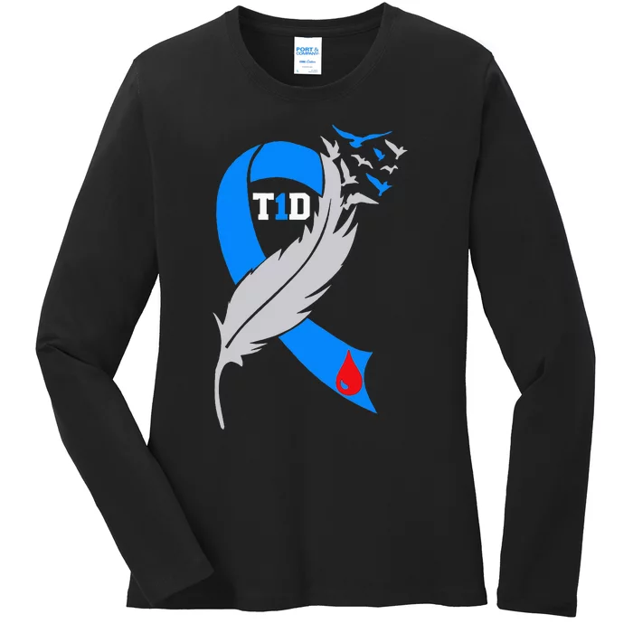 Funny Ribbon T1D Warriors Diabetes Awareness Ladies Long Sleeve Shirt