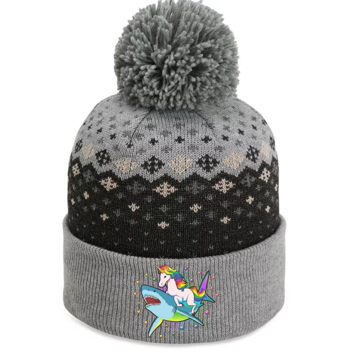 Funny Rainbow Unicorn Riding Shark The Baniff Cuffed Pom Beanie