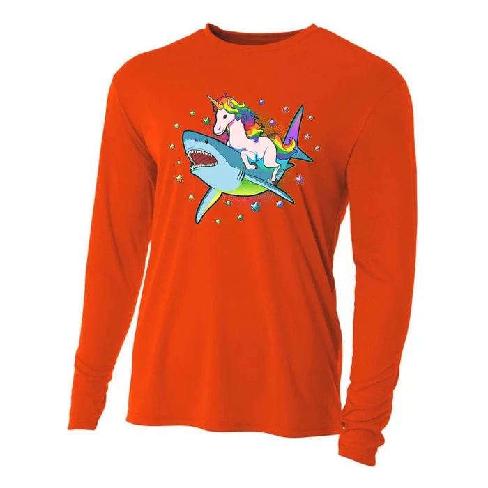 Funny Rainbow Unicorn Riding Shark Cooling Performance Long Sleeve Crew