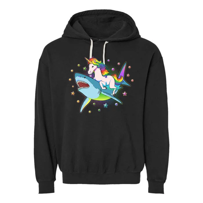 Funny Rainbow Unicorn Riding Shark Garment-Dyed Fleece Hoodie