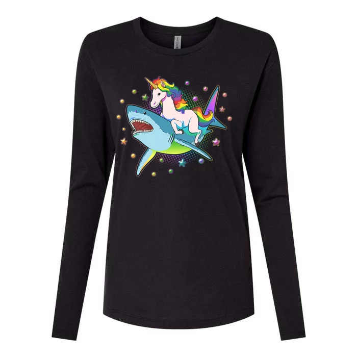 Funny Rainbow Unicorn Riding Shark Womens Cotton Relaxed Long Sleeve T-Shirt