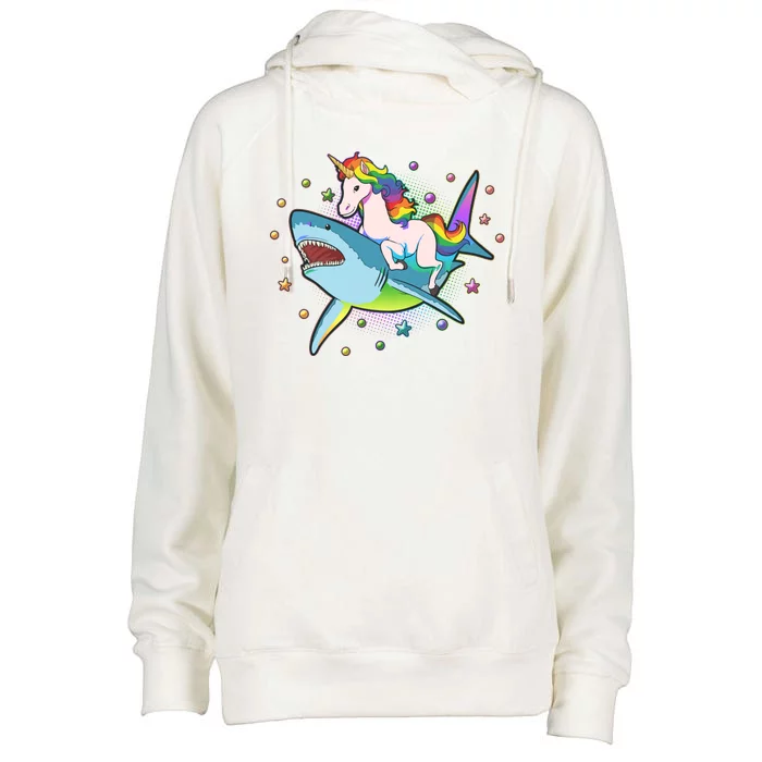 Funny Rainbow Unicorn Riding Shark Womens Funnel Neck Pullover Hood