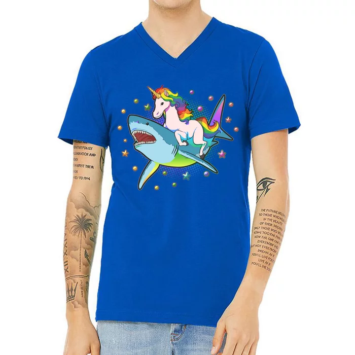 Funny Rainbow Unicorn Riding Shark V-Neck T-Shirt