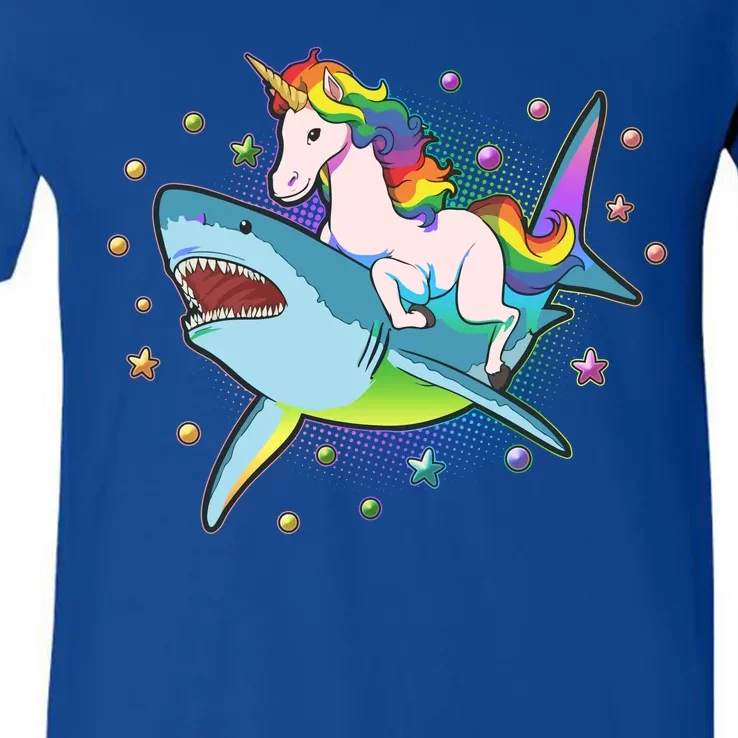 Funny Rainbow Unicorn Riding Shark V-Neck T-Shirt