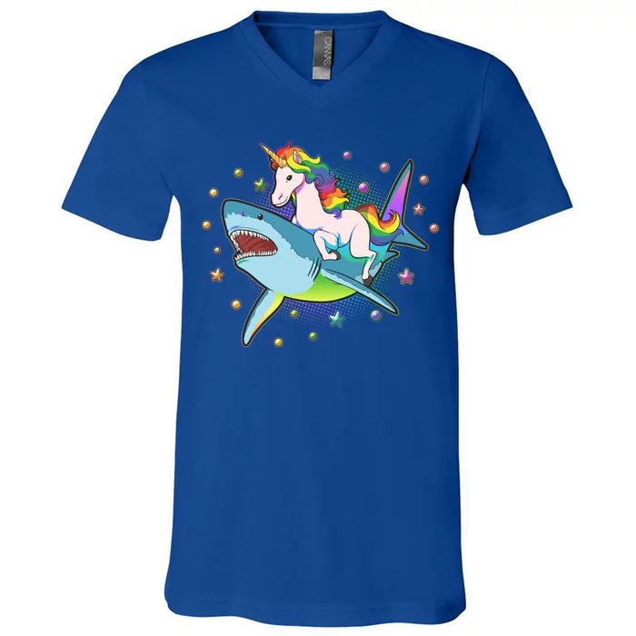 Funny Rainbow Unicorn Riding Shark V-Neck T-Shirt