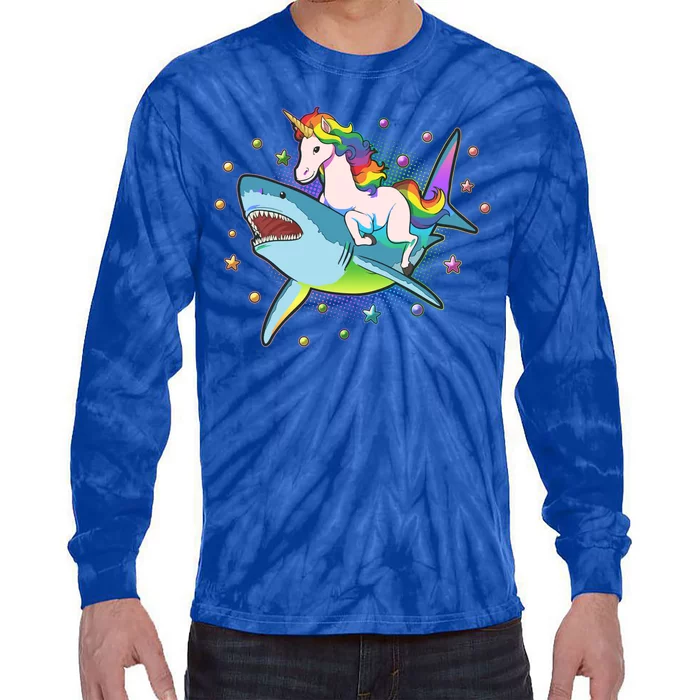 Funny Rainbow Unicorn Riding Shark Tie-Dye Long Sleeve Shirt