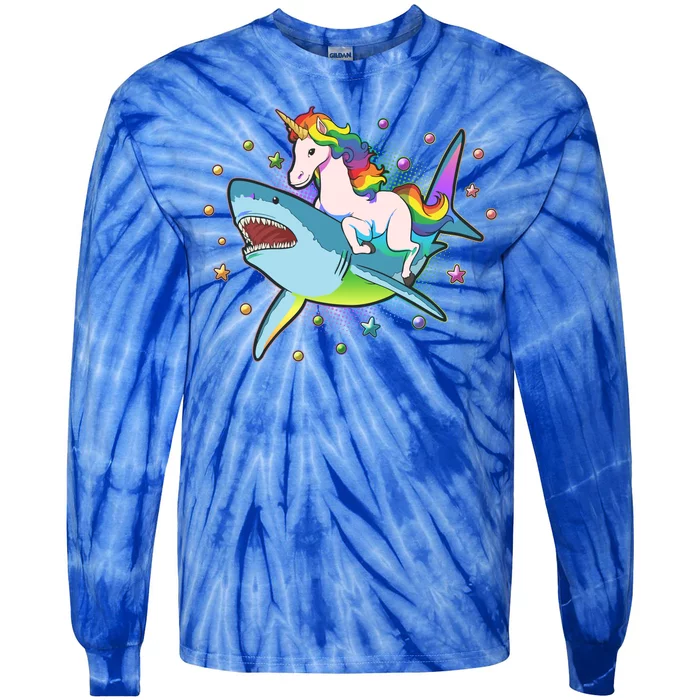 Funny Rainbow Unicorn Riding Shark Tie-Dye Long Sleeve Shirt