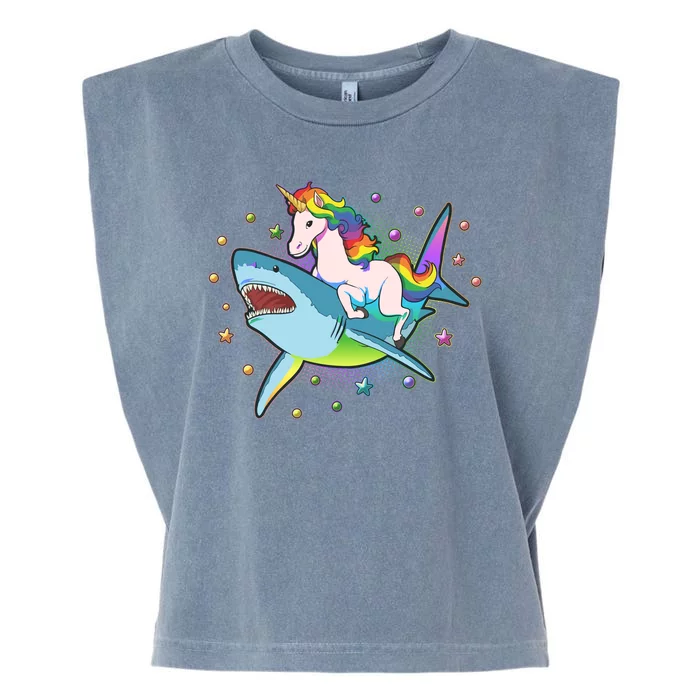 Funny Rainbow Unicorn Riding Shark Garment-Dyed Women's Muscle Tee