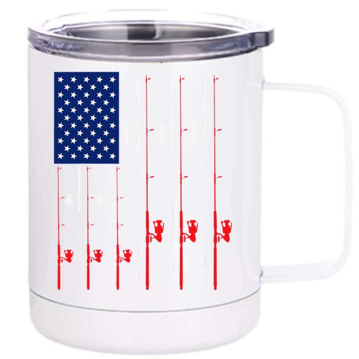 Fishing Rod US Flag Cute Fish Hunting Gift Front & Back 12oz Stainless Steel Tumbler Cup