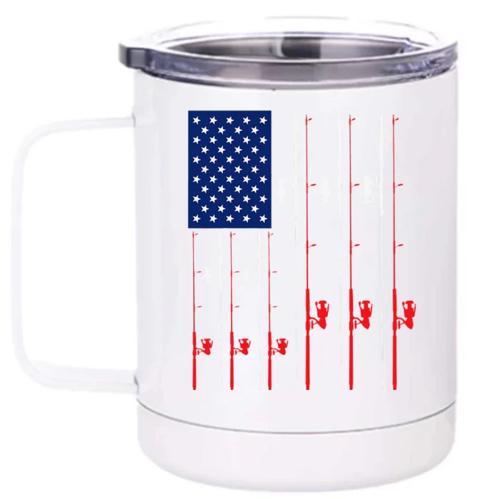 Fishing Rod US Flag Cute Fish Hunting Gift Front & Back 12oz Stainless Steel Tumbler Cup