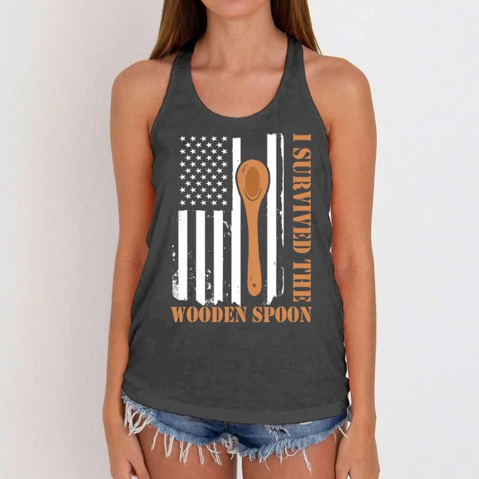 Funny Retro Vintage Wooden Spoon Survivor Women's Knotted Racerback Tank