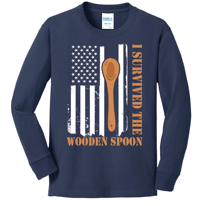 Funny Retro Vintage Wooden Spoon Survivor Kids Long Sleeve Shirt