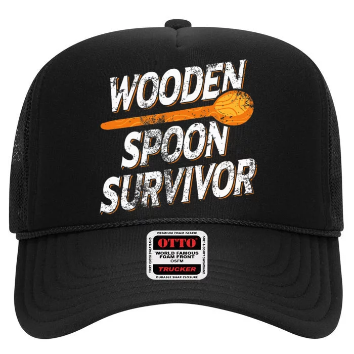 Funny Retro Vintage Wooden Spoon Survivor High Crown Mesh Trucker Hat