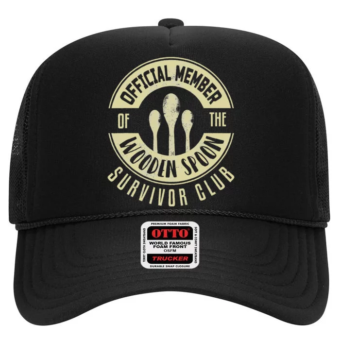 Funny Retro Vintage Wooden Spoon Survivor High Crown Mesh Trucker Hat