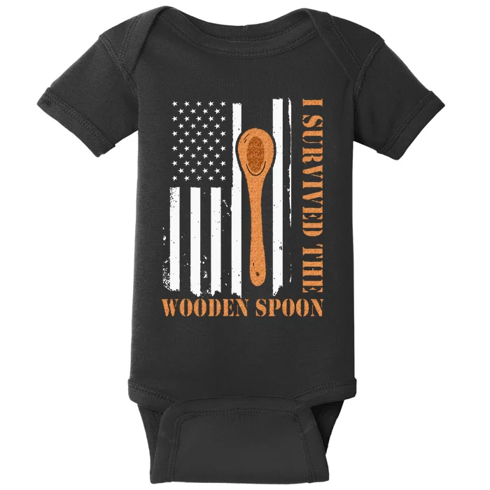 Funny Retro Vintage Wooden Spoon Survivor Baby Bodysuit