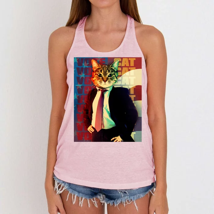 Funny Retro Vintage Election Vote Cat Women's Knotted Racerback Tank