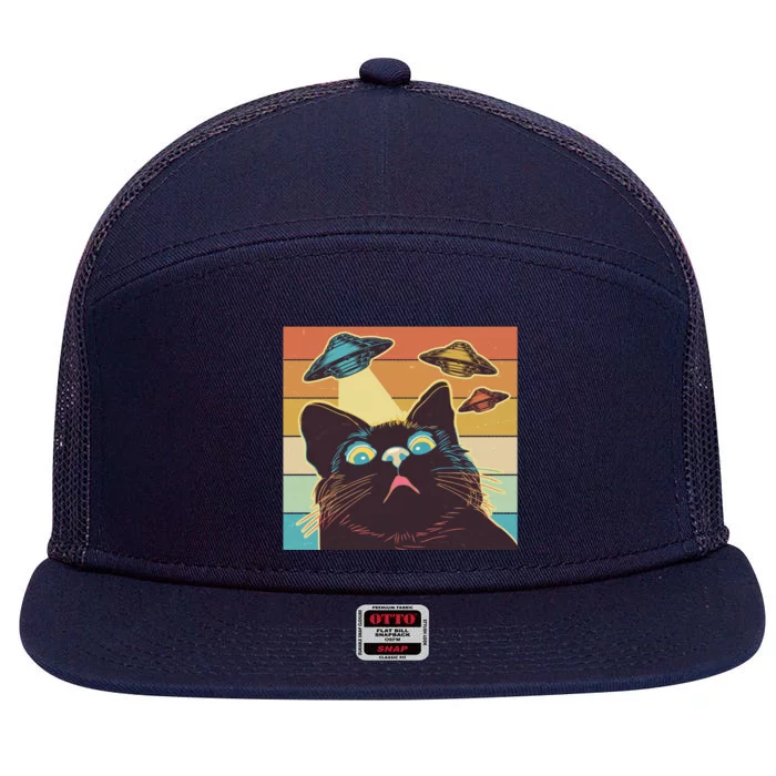 Funny Retro Vintage UFO Cat 7 Panel Mesh Trucker Snapback Hat