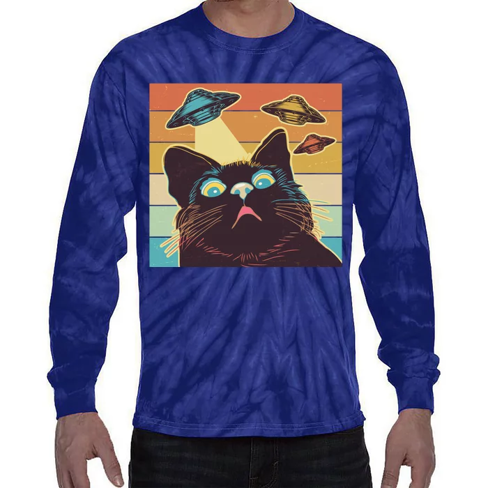 Funny Retro Vintage UFO Cat Tie-Dye Long Sleeve Shirt