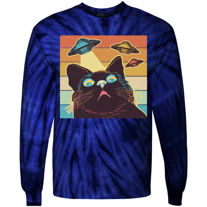 Funny Retro Vintage UFO Cat Tie-Dye Long Sleeve Shirt