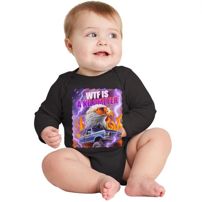 Funny Retro Wtf What Fck Is A Kilometer Baby Long Sleeve Bodysuit