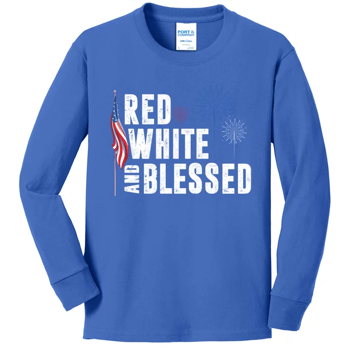 Fireworks Red White And Blessed Us Flag Liberty 4th Of July Gift Kids Long Sleeve Shirt