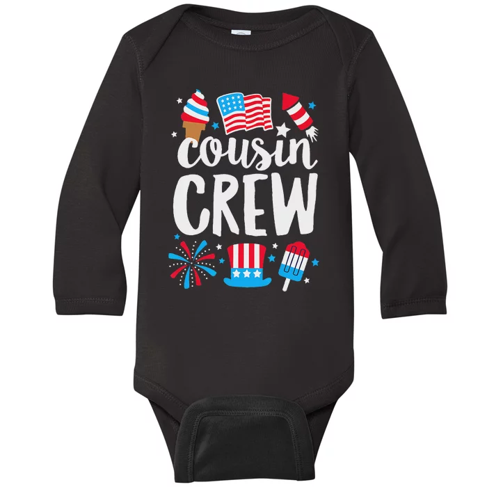 Funny Red White And Blue Cousin Crew 2024 Happy 4th Of July Baby Long Sleeve Bodysuit