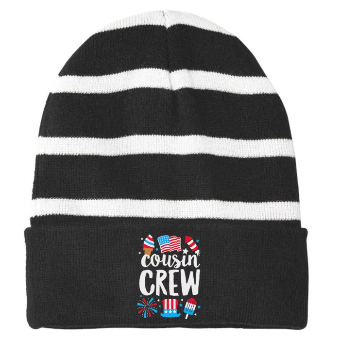 Funny Red White And Blue Cousin Crew 2024 Happy 4th Of July Striped Beanie with Solid Band