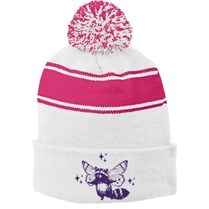 Flying Raccoon With Butterfly Wings Vintage Stripe Pom Pom Beanie