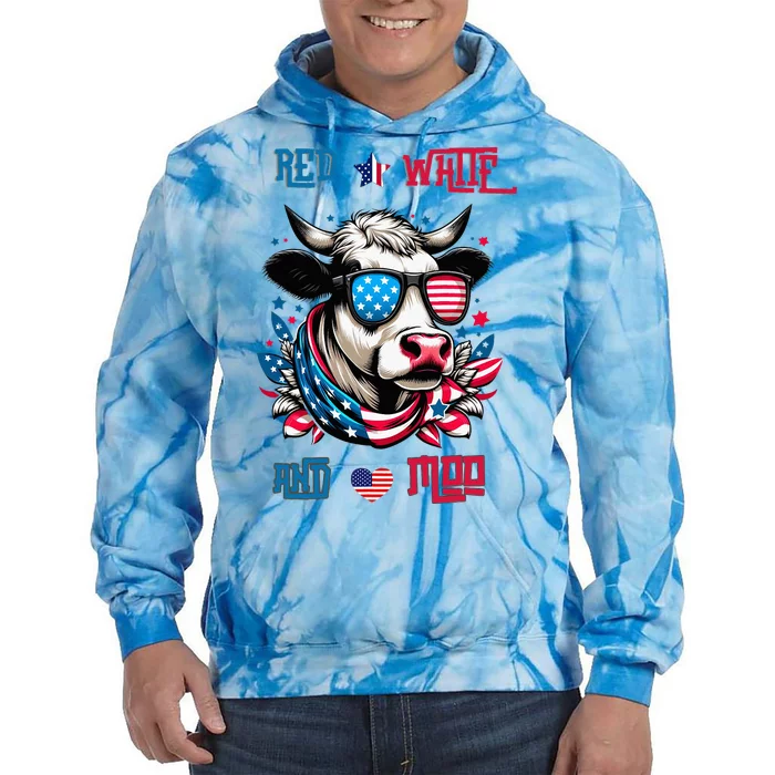 Funny Red White And Moo Patriotic Cow Usa Flag For 4th Of July Tie Dye Hoodie