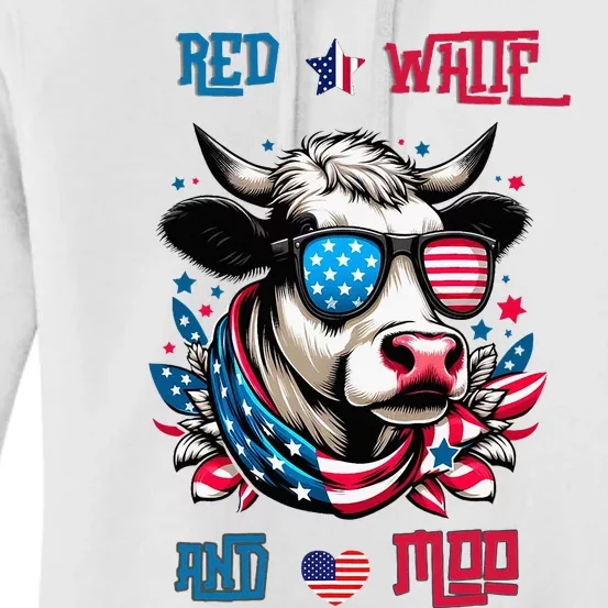 Funny Red White And Moo Patriotic Cow Usa Flag For 4th Of July Women's Pullover Hoodie