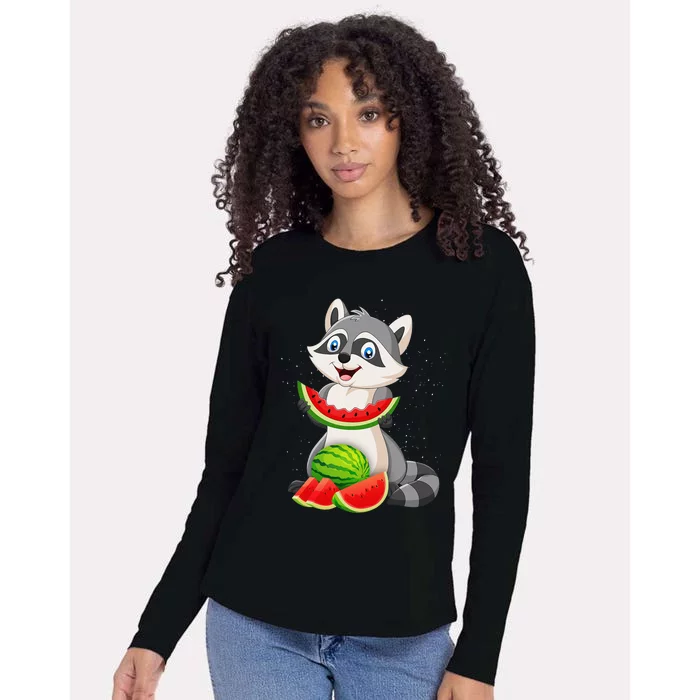 Funny Raccoon Watermelon Melon Summer Tropical Fruit Lovers Womens Cotton Relaxed Long Sleeve T-Shirt