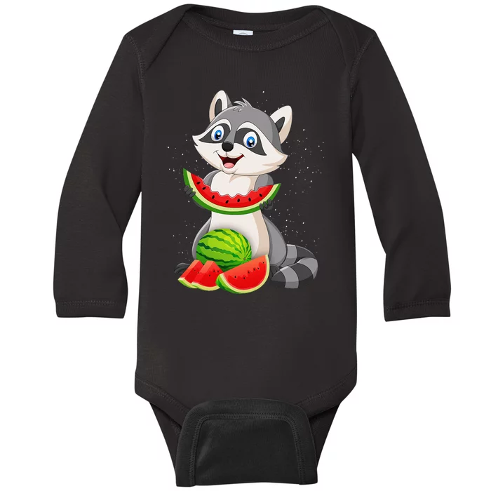 Funny Raccoon Watermelon Melon Summer Tropical Fruit Lovers Baby Long Sleeve Bodysuit