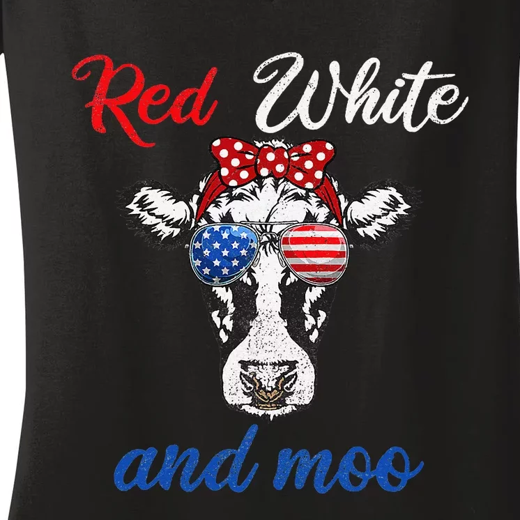 Funny Red White & Moo 4th Of July Apparel USA Patriotic Cow Women's V-Neck T-Shirt