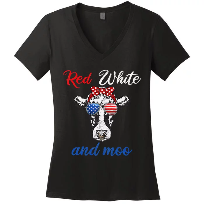 Funny Red White & Moo 4th Of July Apparel USA Patriotic Cow Women's V-Neck T-Shirt