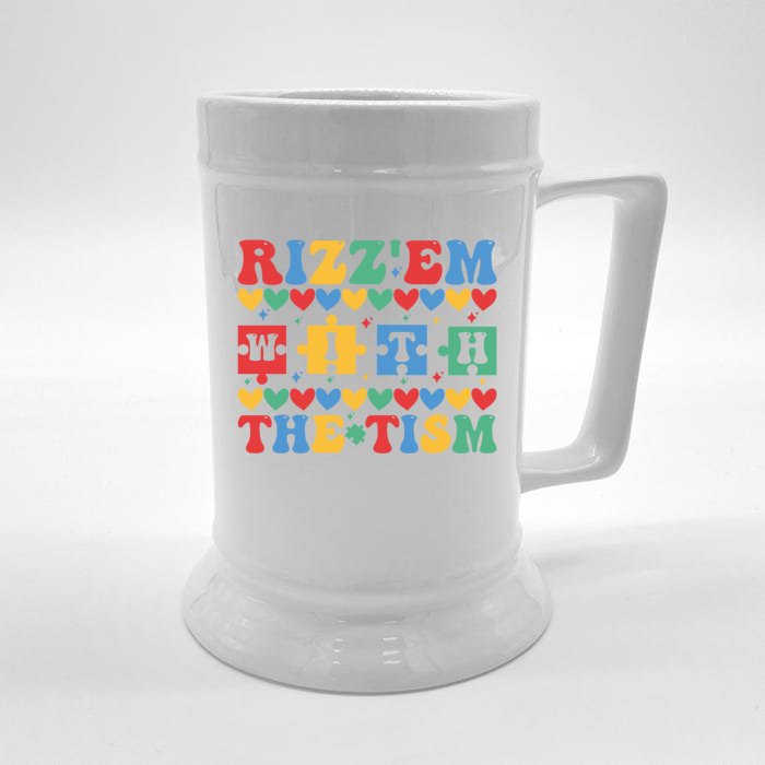 Funny RizzEm With The Tism Autism Awareness Outfit Gift Front & Back Beer Stein