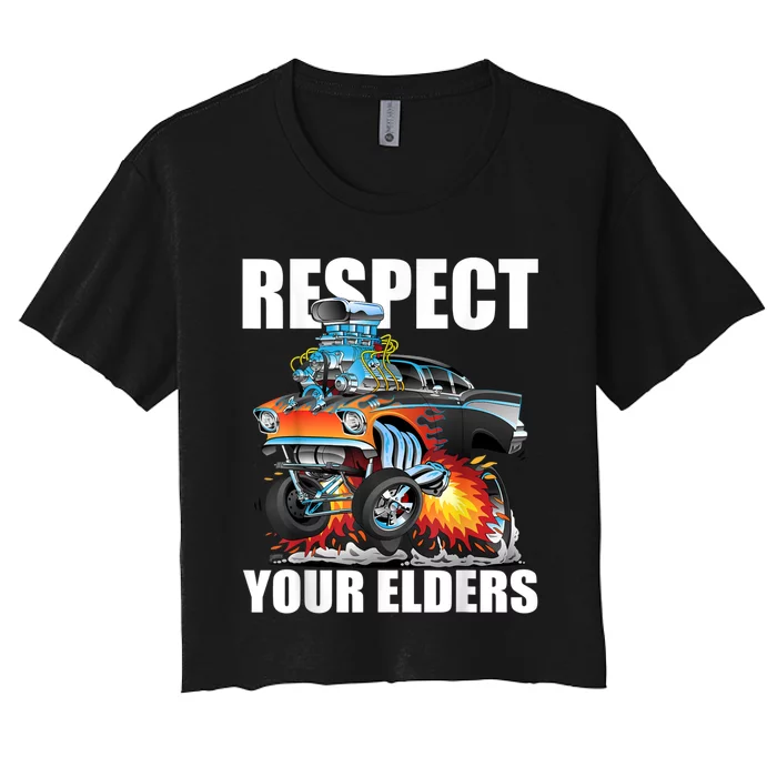 Funny Respect Your Elders Classic Hot Rod Muscle Car Cartoon Women's Crop Top Tee